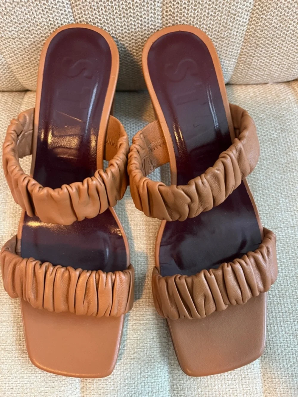 Staud Frankie tan leather ruched block heel leather mule sandals sz 7 EUC - Picture 2 of 7